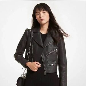 Michael Kors Leather Puff Sleeve Moto Jacket